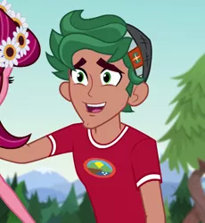 Size: 592x644 | Tagged: safe, derpibooru import, screencap, gloriosa daisy, timber spruce, equestria girls, legend of everfree, camp everfree logo, camp everfree outfits, cropped, cute, male, offscreen character, smiling, timberbetes