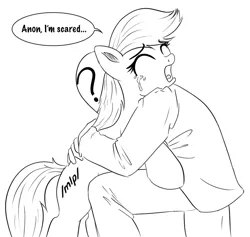 Size: 1000x948 | Tagged: safe, artist:xioade, derpibooru import, edit, oc, oc:anon, unofficial characters only, earth pony, pony, comforting, crying, dialogue, drawthread, end of ponies, feels, female, hug, lineart, mare, monochrome, sad, scared, simple background, white background