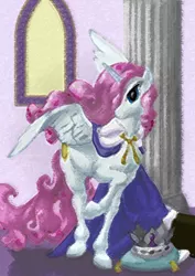 Size: 588x832 | Tagged: safe, artist:ultraspacemobile, derpibooru import, princess celestia, alicorn, pony, alternate hairstyle, cape, clothes, crown, jewelry, painting, pink mane, regalia