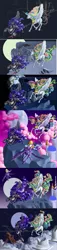 Size: 900x3915 | Tagged: safe, artist:ultraspacemobile, derpibooru import, nightmare moon, princess celestia, pony, armor, canterlot, cloud, rope, royal guard, scenery