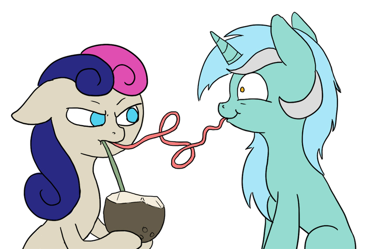 Size: 900x579 | Tagged: safe, artist:slamjam, derpibooru import, bon bon, lyra heartstrings, sweetie drops, earth pony, pony, unicorn, /mlp/, :t, annoyed, bon bon is not amused, coconut, coconut cup, crazy straw, drinking straw, drinking through a straw, female, floppy ears, food, frown, glare, hoof hold, mare, puffy cheeks, simple background, sipping, straw, unamused, wat, white background, wide eyes