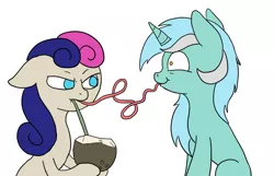 Size: 900x579 | Tagged: safe, artist:slamjam, derpibooru import, bon bon, lyra heartstrings, sweetie drops, earth pony, pony, unicorn, /mlp/, :t, annoyed, bon bon is not amused, coconut, coconut cup, crazy straw, drinking straw, drinking through a straw, female, floppy ears, food, frown, glare, hoof hold, mare, puffy cheeks, simple background, sipping, straw, unamused, wat, white background, wide eyes