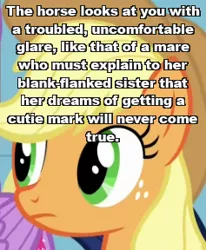 Size: 237x288 | Tagged: episode needed, safe, derpibooru import, edit, edited screencap, screencap, applejack, twilight sparkle, twilight sparkle (alicorn), alicorn, earth pony, pony, /tg/, 4chan, blank expression, caption, cropped, female, freckles, image macro, implied apple bloom, implied cutie mark crusaders, mare, picture for breezies, prequel (webcomic), solo focus, text