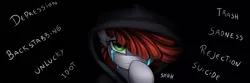 Size: 2500x833 | Tagged: semi-grimdark, artist:pridark, derpibooru import, oc, oc:graph travel, unofficial characters only, pony, clothes, crying, dark background, depression, female, freckles, hoodie, looking at you, mare, shush, simple background, solo, text