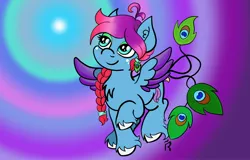 Size: 3000x1920 | Tagged: safe, artist:dawn-designs-art, derpibooru import, oc, oc:plume, bird, peacock, pegasus, pony, blue coat, colored wings, female, mare, multicolored hair, multicolored wings, peacock feathers, peacock pony, red mane, solo, white hooves, wings