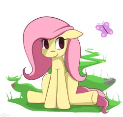 Size: 1000x950 | Tagged: safe, artist:genericmlp, derpibooru import, fluttershy, pegasus, pony, female, mare, sitting, solo, underhoof