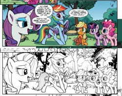 Size: 756x596 | Tagged: safe, artist:pencils, derpibooru import, idw, applejack, pinkie pie, rainbow dash, rarity, twilight sparkle, earth pony, pegasus, pony, unicorn, spoiler:comic, spoiler:comicidw2020, black and white, colored background, comic, crepuscular rays, dialogue, element of loyalty, error, female, filly, filly applejack, filly pinkie pie, filly twilight sparkle, grayscale, group, lineart, mare, monochrome, official comic, time travel, tree, work-in-progress, younger
