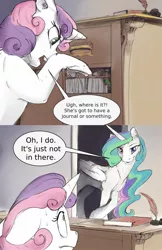Size: 1280x1976 | Tagged: safe, artist:silfoe, derpibooru import, princess celestia, sweetie belle, alicorn, pony, unicorn, royal sketchbook, book, caught, comic, crossed hooves, crossed legs, desk, dialogue, eye contact, female, file cabinet, filly, floppy ears, frown, gritted teeth, inkwell, leaning, lidded eyes, looking at each other, mare, now you fucked up, oh crap face, oops, quill, raised hoof, smiling, smirk, snooping, speech bubble, sweat, sweatdrop, sweetie fail, this will end in banishment, this will end in tears and/or a journey to the moon, this will end in tears and/or death and/or covered in tree sap, this will not end well, wide eyes, you dun goofed