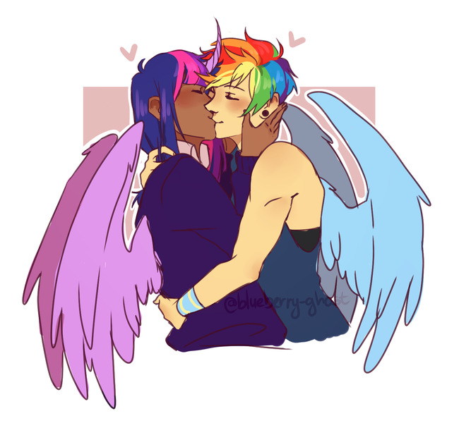 Size: 1280x1152 | Tagged: safe, artist:blueberry-ghost, derpibooru import, rainbow dash, twilight sparkle, twilight sparkle (alicorn), alicorn, human, clothes, eyes closed, female, horn, horned humanization, humanized, kissing, lesbian, shipping, smiling, twidash, winged humanization, wings