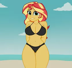 Size: 1900x1800 | Tagged: suggestive, artist:mashoart, derpibooru import, sunset shimmer, equestria girls, arm behind back, beach, beach babe, belly button, big breasts, bikini, bikini babe, bikini bottom, bikini top, black bikini, black bikini bottom, black bikini top, black bra, black panties, black swimsuit, black underwear, bra, breasts, busty sunset shimmer, cleavage, clothes, curvy, female, hands behind back, hips, looking at you, panties, sexy, smiling, solo, solo female, stupid sexy sunset shimmer, swimsuit, thick, thighs, underwear, wide hips