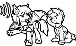 Size: 246x150 | Tagged: safe, artist:crazyperson, derpibooru import, oc, oc:witching hour, alicorn, bat pony, pony, fallout equestria, fallout equestria: commonwealth, black and white, ear tufts, fanfic art, generic pony, grayscale, hoof shoes, monochrome, night guard, picture for breezies, pointing, simple background, transparent background
