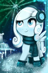 Size: 4200x6400 | Tagged: safe, artist:darksly, derpibooru import, oc, oc:snowdrop, unofficial characters only, pegasus, pony, 2018, absurd resolution, clothes, female, filly, looking up, open mouth, scarf, smiling, snow, snowfall, solo, updated