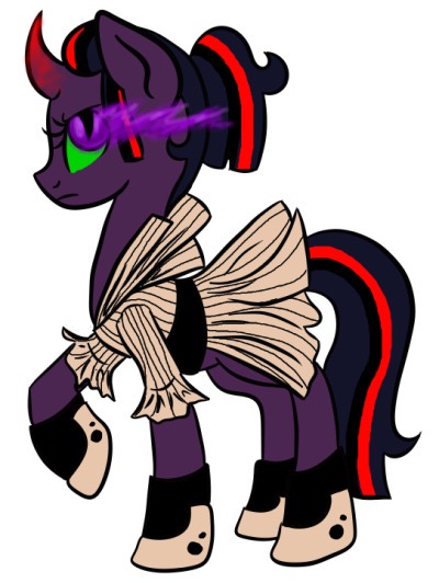 Size: 400x532 | Tagged: safe, artist:srsishere, derpibooru import, twilight sparkle, pony, unicorn, ask corrupted twilight sparkle, clothes, colored horn, corrupted, corrupted twilight sparkle, curved horn, dark, dark equestria, dark magic, dark queen, dark world, dress, female, hairstyle, hoof shoes, horn, magic, manestyle, queen twilight, solo, sombra eyes, sombra's horn, tumblr, tyrant sparkle, unicorn twilight