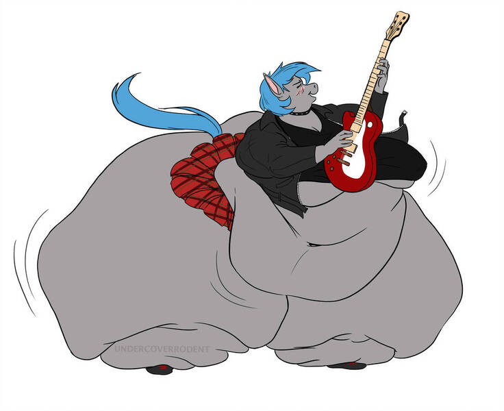 Size: 990x807 | Tagged: anthro, artist:undercover_rodent, bbw, belly, belly button, big belly, big breasts, blue hair, bottom heavy, breasts, butt, clothes, derpibooru import, fat, guitar, huge belly, huge breasts, huge butt, hyper, impossibly large butt, impossibly wide hips, jacket, kilt, large butt, leather jacket, morbidly obese, musical instrument, obese, oc, oc:shadow melody, punk, questionable, ssbbw, wide hips