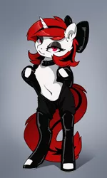 Size: 2093x3500 | Tagged: suggestive, artist:arctic-fox, derpibooru import, oc, oc:lilith, unofficial characters only, semi-anthro, succubus, succubus pony, unicorn, belly button, bipedal, bow, catsuit, choker, clothes, collar, female, hair bow, latex, latex suit, mare, panties, ribbon, simple background, solo, solo female, thong, underwear, unzipped