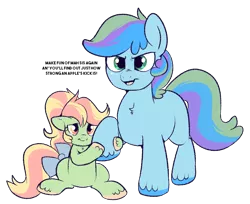 Size: 866x707 | Tagged: safe, artist:lulubell, derpibooru import, oc, oc:opal apple, oc:perry russet, unofficial characters only, pony, brother and sister, crying, female, filly, magical lesbian spawn, male, next generation, offspring, parent:applejack, parent:rainbow dash, parents:appledash, protecting, siblings, trans girl