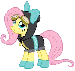 Size: 788x750 | Tagged: safe, artist:srsishere, derpibooru import, fluttershy, pony, bunny ears, clothes, costume, dangerous mission outfit, female, goggles, hoodie, mare, simple background, smiling, solo, transparent background, vector