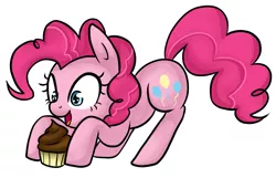 Size: 913x589 | Tagged: safe, artist:srsishere, artist:steffy-beff, color edit, derpibooru import, edit, pinkie pie, earth pony, pony, colored, cupcake, cute, cutie mark, diapinkes, female, food, happy, mare, open mouth, simple background, solo, white background