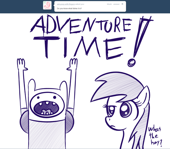 Size: 1280x1126 | Tagged: safe, artist:datahmedz, derpibooru import, sunshower raindrops, pony, raindropsanswers, adventure time, ask, crossover, finn the human, monochrome, tumblr, what the hay