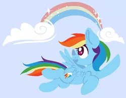 Size: 727x565 | Tagged: safe, artist:srsishere, derpibooru import, rainbow dash, pegasus, pony, backwards cutie mark, cloud, female, flying, looking back, mare, open mouth, pixel art, rainbow, raised hoof, solo