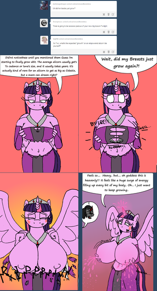 Size: 2564x4735 | Tagged: questionable, artist:americananomaly, derpibooru import, king sombra, twilight sparkle, twilight sparkle (alicorn), alicorn, anthro, ahegao, alternative lactation, anthroquestria, big breasts, breast expansion, breast milk, breasts, clothes, growth, huge breasts, impossibly large breasts, lactation, milk, nipples, nudity, open mouth, tongue out, torn clothes, wardrobe malfunction