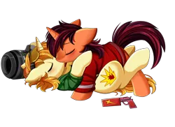 Size: 2494x1816 | Tagged: safe, artist:pridark, derpibooru import, oc, oc:high impact, oc:lodestar, unofficial characters only, pony, unicorn, blushing, clothes, eyes closed, female, floppy ears, goggles, gun, highstar, jacket, kissing, male, mare, oc x oc, panties, rocket launcher, shipping, simple background, stallion, straight, thong, transparent background, underwear, weapon