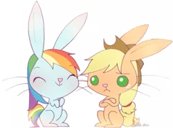 Size: 603x446 | Tagged: safe, artist:sa-eku, derpibooru import, applejack, rainbow dash, rabbit, animal, blushing, bunnified, cute, dashabetes, eyes closed, freckles, hat, jackabetes, simple background, smiling, species swap, white background