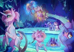 Size: 5016x3541 | Tagged: safe, artist:lummh, artist:pon-ee, derpibooru import, oc, pony, unicorn, cave, cave pool, clones, collaboration, levitation, magic, mirror pool, self-levitation, telekinesis, water