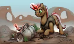 Size: 1000x596 | Tagged: safe, artist:blindcoyote, derpibooru import, pony, unicorn, archaeology, pot, solo