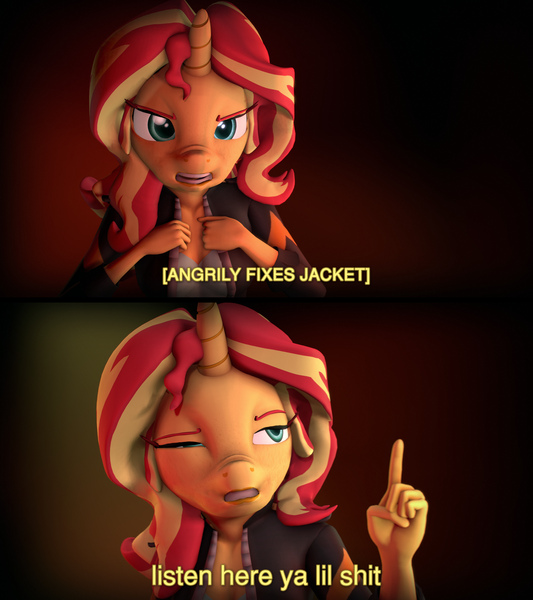 Size: 3840x4320 | Tagged: safe, artist:imafutureguitarhero, derpibooru import, sunset shimmer, anthro, unicorn, 3d, absurd resolution, angry, clothes, colored eyebrows, crossover, derp, descriptive noise, doctor who, faic, female, film grain, freckles, horn, jacket, lidded eyes, listen here, listen here you little, mare, meme, multicolored hair, nose wrinkle, open mouth, parody, pointing, raised eyebrow, raised hand, reaction image, rings of akhaten, solo, source filmmaker, subtitles, text, vulgar