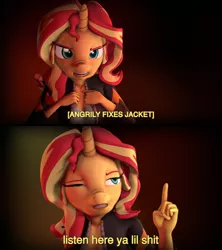 Size: 3840x4320 | Tagged: safe, artist:imafutureguitarhero, derpibooru import, sunset shimmer, anthro, unicorn, 3d, absurd resolution, angry, clothes, colored eyebrows, crossover, derp, descriptive noise, doctor who, faic, female, film grain, freckles, horn, jacket, lidded eyes, listen here, listen here you little, mare, meme, multicolored hair, nose wrinkle, open mouth, parody, pointing, raised eyebrow, raised hand, reaction image, rings of akhaten, solo, source filmmaker, subtitles, text, vulgar