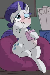 Size: 1500x2250 | Tagged: safe, artist:baigak, derpibooru import, rarity, pony, unicorn, beanbag chair, belly, belly button, chubbity, chubby, comfort eating, eating, fat, female, food, ice cream, mare, marshmelodrama, one eye closed, raritubby, rarity being rarity, solo, teary eyes