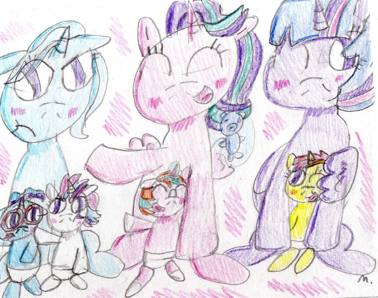 Size: 1976x1555 | Tagged: safe, artist:ptitemouette, derpibooru import, starlight glimmer, trixie, twilight sparkle, oc, oc:celeste shimmer, oc:galaxy trick, oc:stella moon, oc:sunny jewel, pony, brother and sister, female, magical lesbian spawn, male, mother and child, mother and daughter, mother and son, offspring, parent:moondancer, parent:starlight glimmer, parent:sunburst, parent:sunset shimmer, parent:trixie, parent:twilight sparkle, parents:starburst, parents:sunsetsparkle, parents:trickdancer, siblings