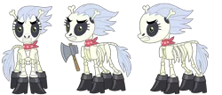 Size: 7459x3222 | Tagged: safe, alternate version, artist:sketchmcreations, derpibooru import, skellinore, pony, skeleton pony, the break up breakdown, ascot, axe, bone, boots, clothes, commission, reference sheet, shoes, simple background, skeleton, transparent background, vector, weapon
