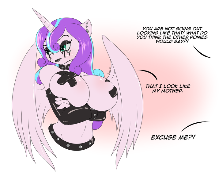 Size: 1680x1409 | Tagged: alicorn, anthro, artist:suirano, belly button, big breasts, black lipstick, breasts, burn, busty flurry heart, choker, clothes, crossed arms, derpibooru import, dialogue, ear piercing, emo, evening gloves, exclamation point, eyeshadow, female, fingerless elbow gloves, fingerless gloves, gloves, huge breasts, imminent grounding, implied princess cadance, interrobang, latex, latex gloves, lipstick, long gloves, makeup, mare, nipple tape, offscreen character, older, older flurry heart, partial nudity, pasties, piercing, princess emo heart, princess flurry heart, questionable, question mark, running makeup, savage, topless