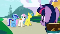 Size: 1280x720 | Tagged: safe, derpibooru import, screencap, lemon hearts, minuette, twilight sparkle, twinkleshine, pony, unicorn, friendship is magic, bag, book, book of harmony, eyes closed, female, mare, raised hoof, saddle bag, unicorn twilight