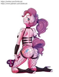 Size: 688x900 | Tagged: suggestive, artist:draltruist, derpibooru import, mean pinkie pie, pinkie pie, anthro, earth pony, plantigrade anthro, the mean 6, arm warmers, ass, ballet boots, body writing, breasts, butt, choker, clone, clothes, ear piercing, female, fishnet clothing, high heels, latex, looking back, mare, paddle, panties, piercing, ponytail, shoes, simple background, solo, solo female, studs, tailcuff, thong, underwear