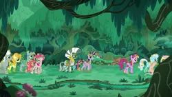 Size: 2880x1620 | Tagged: alicorn, alternate timeline, berry punch, berryshine, blues, bodypaint, carrot top, chrysalis resistance timeline, derpibooru import, everfree forest, fluttershy, forest, golden harvest, linky, mud, noteworthy, resistance leader zecora, river, royal riff, safe, screencap, shoeshine, spike, stream, the cutie re-mark, tree, tribal pie, tribalshy, twilight sparkle, twilight sparkle (alicorn)