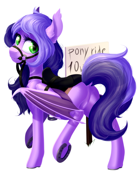 Size: 2196x2834 | Tagged: safe, artist:meowcephei, derpibooru import, oc, oc:midnight reverie, unofficial characters only, bat pony, pony, female, horseshoes, saddle, simple background, solo, tack, transparent background