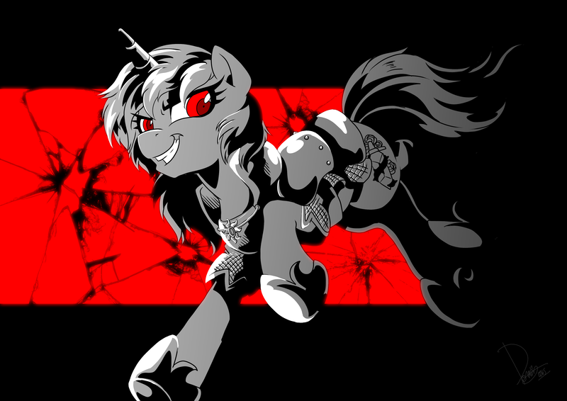 Size: 3507x2480 | Tagged: safe, artist:dormin-kanna, derpibooru import, oc, unofficial characters only, pony, unicorn, armor, commission, crossover, persona, persona 5, red eyes, shin megami tensei, shin megami tensei iv, solo, video game crossover