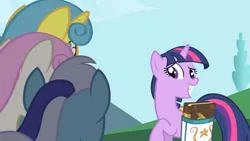 Size: 1280x720 | Tagged: safe, derpibooru import, screencap, lemon hearts, minuette, twilight sparkle, twinkleshine, pony, unicorn, friendship is magic, bag, book, female, mare, saddle bag, unicorn twilight