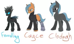 Size: 2188x1304 | Tagged: safe, artist:syntiset, derpibooru import, oc, oc:cayce, oc:clodagh, oc:foundling, unofficial characters only, changeling, earth pony, hybrid, pony, wolf, fallout equestria, amputee, prosthetic leg, prosthetic limb, prosthetics, scar