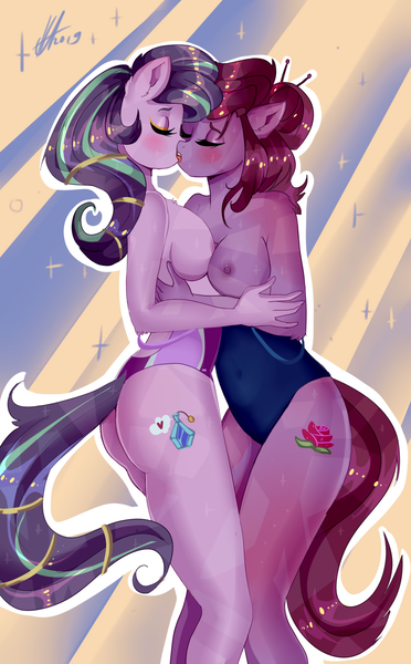 Size: 1239x2000 | Tagged: anthro, artist:xjenn9, breasts, clothes, commissioner:alkonium, crystal pony, derpibooru import, female, kissing, lesbian, nipples, not starlight glimmer, nudity, oc, oc:amethyst rose, oc:succulent scent, one-piece swimsuit, partial nudity, questionable, swimsuit, topless, unofficial characters only