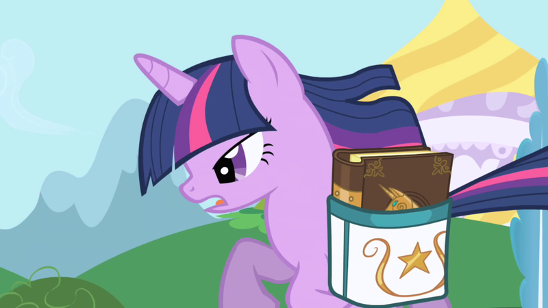 Size: 1280x720 | Tagged: safe, derpibooru import, screencap, twilight sparkle, pony, unicorn, friendship is magic, bag, book, book of harmony, female, mare, saddle bag, unicorn twilight