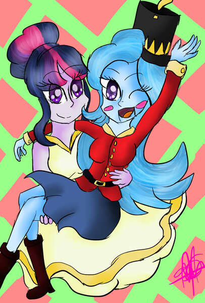 Size: 1903x2812 | Tagged: safe, artist:sabrinadrawns, derpibooru import, trixie, twilight sparkle, equestria girls, female, lesbian, shipping, the nutcracker, twixie