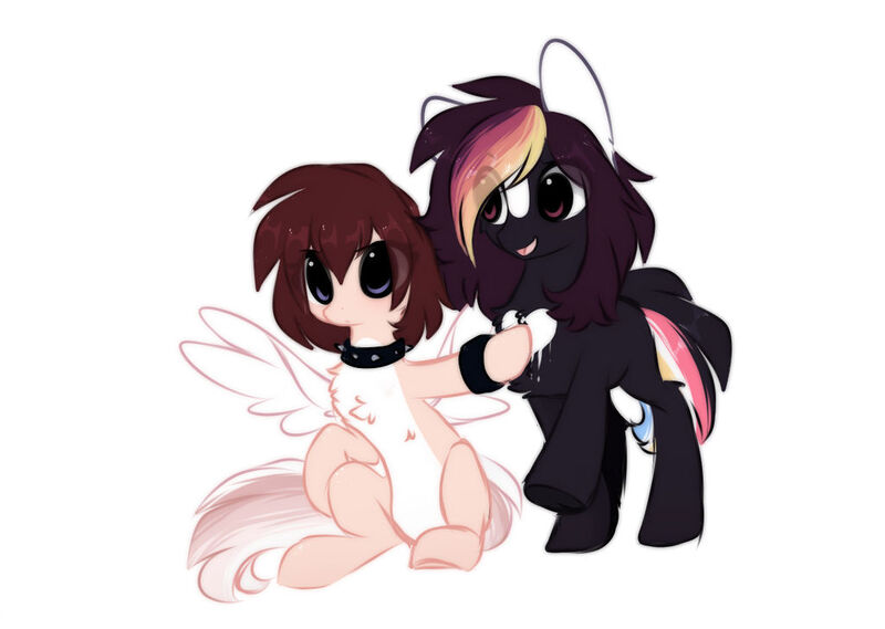 Size: 1024x728 | Tagged: safe, artist:little-sketches, derpibooru import, oc, oc:ayaka, oc:masashi, ponified, unofficial characters only, earth pony, pegasus, pony, alternate design, chest fluff, choker, eye clipping through hair, female, male, mare, pale belly, simple background, species swap, spiked choker, stallion, white background