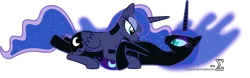 Size: 4379x1369 | Tagged: suggestive, artist:90sigma, derpibooru import, nightmare moon, princess luna, alicorn, pony, bedroom eyes, ethereal mane, eye contact, female, kissing, lesbian, looking at each other, lunamoon, mare, missing accessory, mooncest, on back, on top, self ponidox, selfcest, shipping, simple background, smiling, starry mane, transparent background, vector