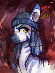 Size: 1100x1469 | Tagged: artist:koviry, beanie, bust, derpibooru import, dreadlocks, feather, hat, oc, oc:indikashigo, safe, solo, traditional art, unofficial characters only, zebra