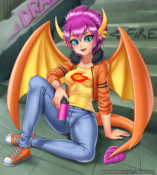 Size: 1000x1110 | Tagged: anime, artist:racoonsan, breasts, busty smolder, clothes, converse, cute, derpibooru import, female, horn, horned humanization, human, humanized, jacket, jeans, looking at you, older, open mouth, pants, safe, season 8, shirt, shoes, smolder, smolderbetes, sneakers, solo, spoiler:s08, spray can, spray paint, stairs, tailed humanization, winged humanization, wings