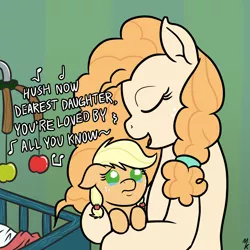 Size: 1200x1200 | Tagged: safe, artist:mkogwheel, derpibooru import, applejack, pear butter, pony, apple, baby, baby pony, babyjack, crib, crying, cute, dawwww, eyes closed, female, floppy ears, foal, food, frown, hnnng, holding a pony, hug, jackabetes, lullaby, mare, mother and child, mother and daughter, music notes, open mouth, sad, sadorable, singing, smiling, teary eyes, text, younger